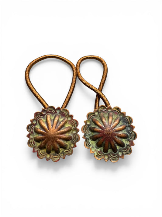 Copper- Hair Tie Concho- Lined Camouflage and Punch- Patina- SET