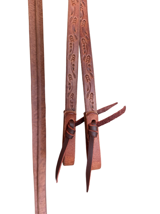 5/8” 8ft Split Rein- Tied- Arrow Design- Full Length Tool- Natural Color- Weight On Tail