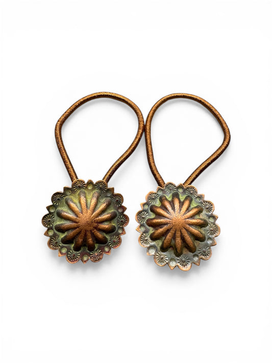 Copper- Hair Tie Concho- Heart and Punch- Patina- SET