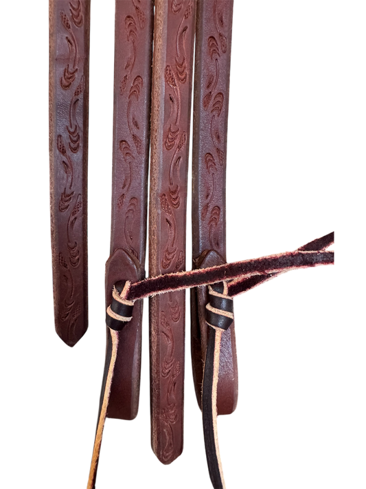 5/8” 8ft Split Rein- Tied- Arrow Design- Full Length Tool- Heavy Oiled Color- Weight On Tail