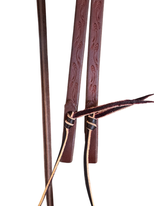 5/8” 8ft Split Rein- Tied- Arrow Design- Full Length Tool- Heavy Oiled Color- Weight On Tail